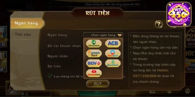 Phương thức rút tiền tại cổng game win456